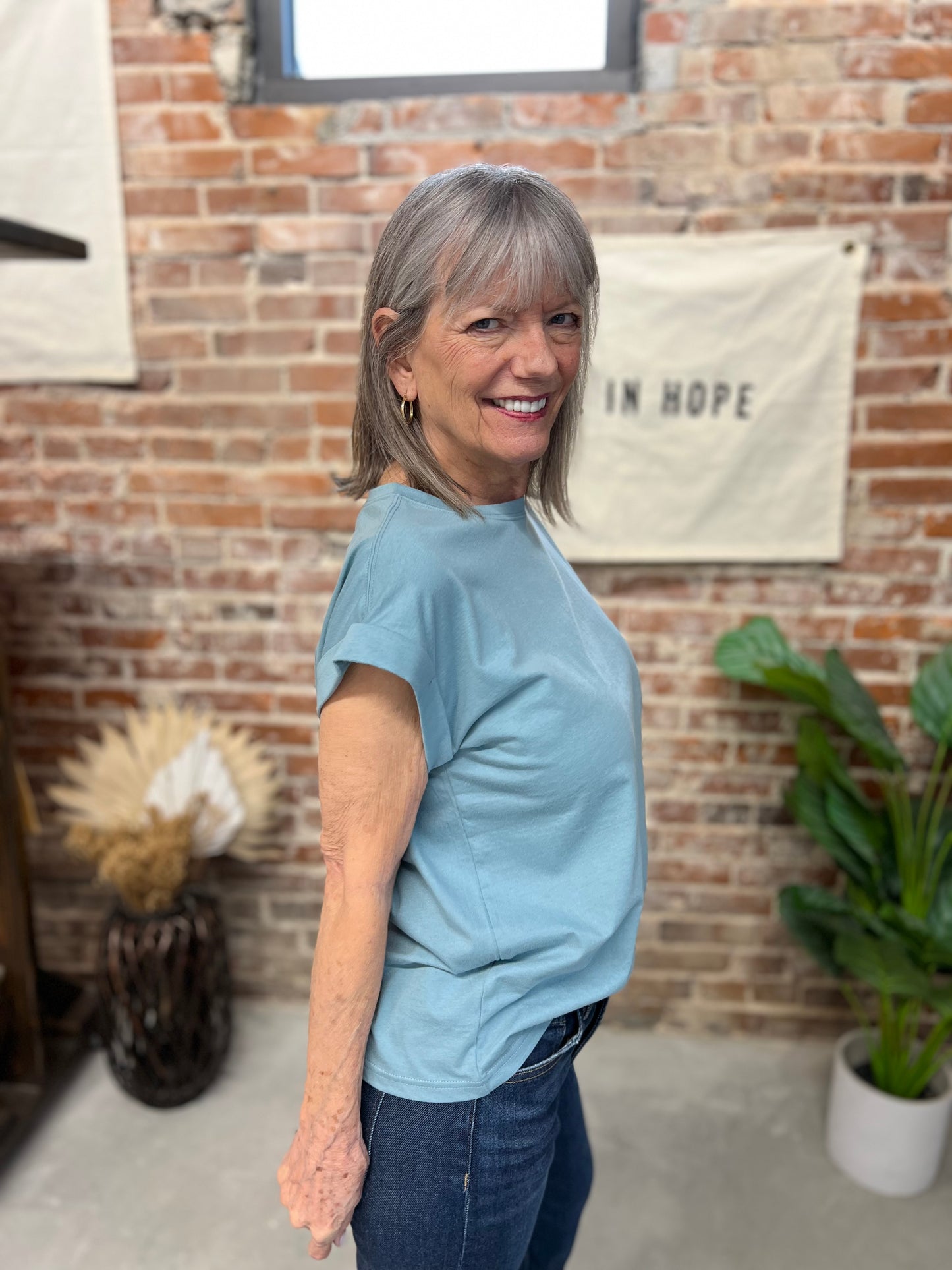 Louisa Folded Sleeve Tee - Blue Grey