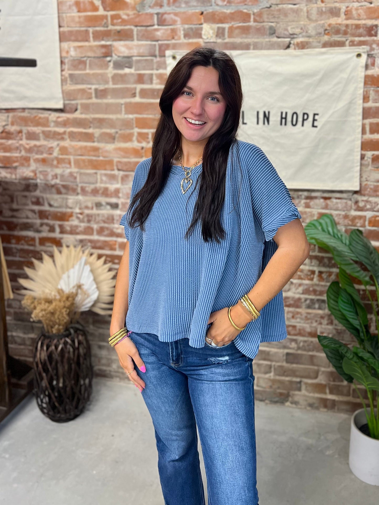 Gracie Ribbed Tee - Dusty Blue