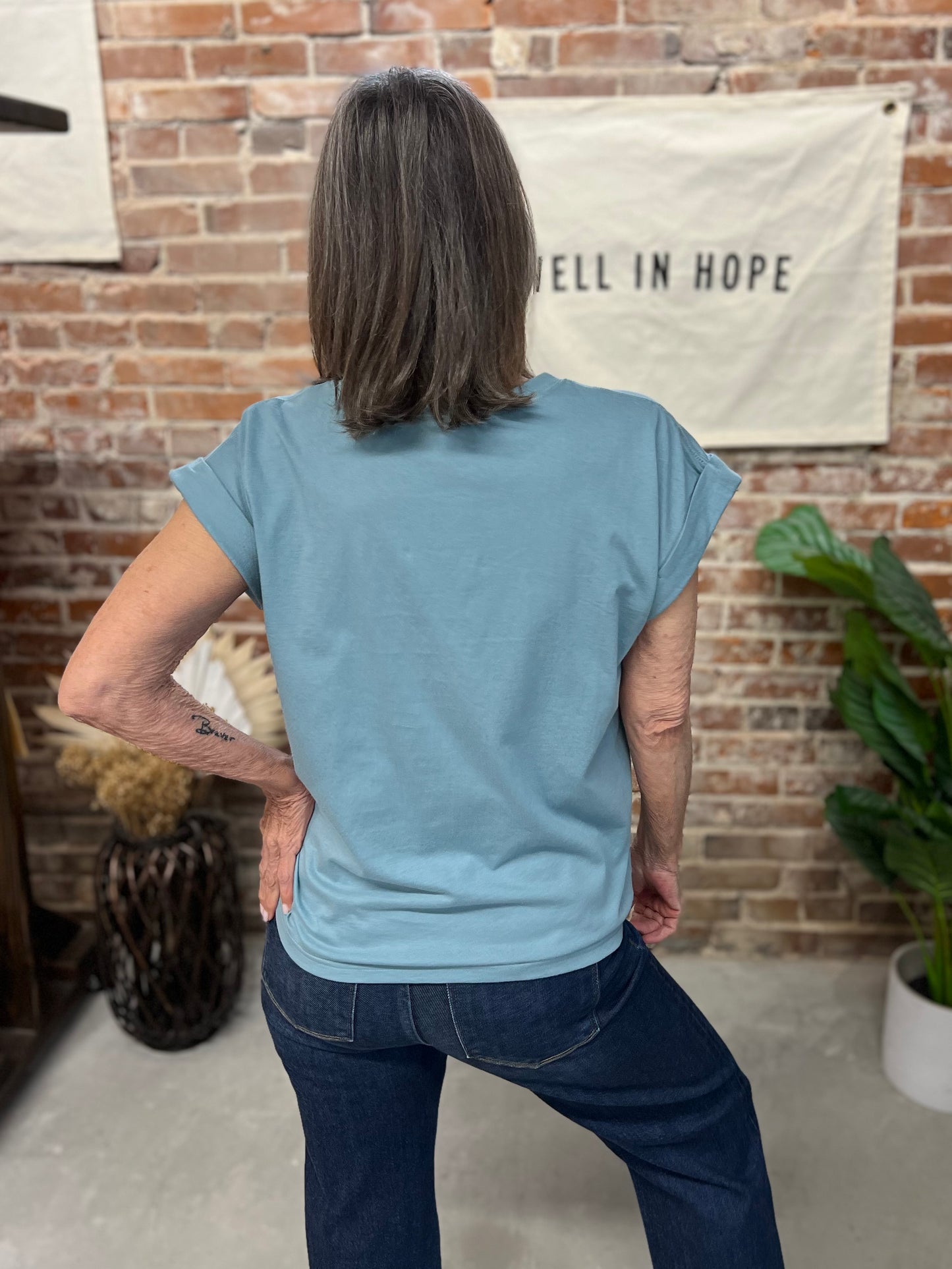 Louisa Folded Sleeve Tee - Blue Grey