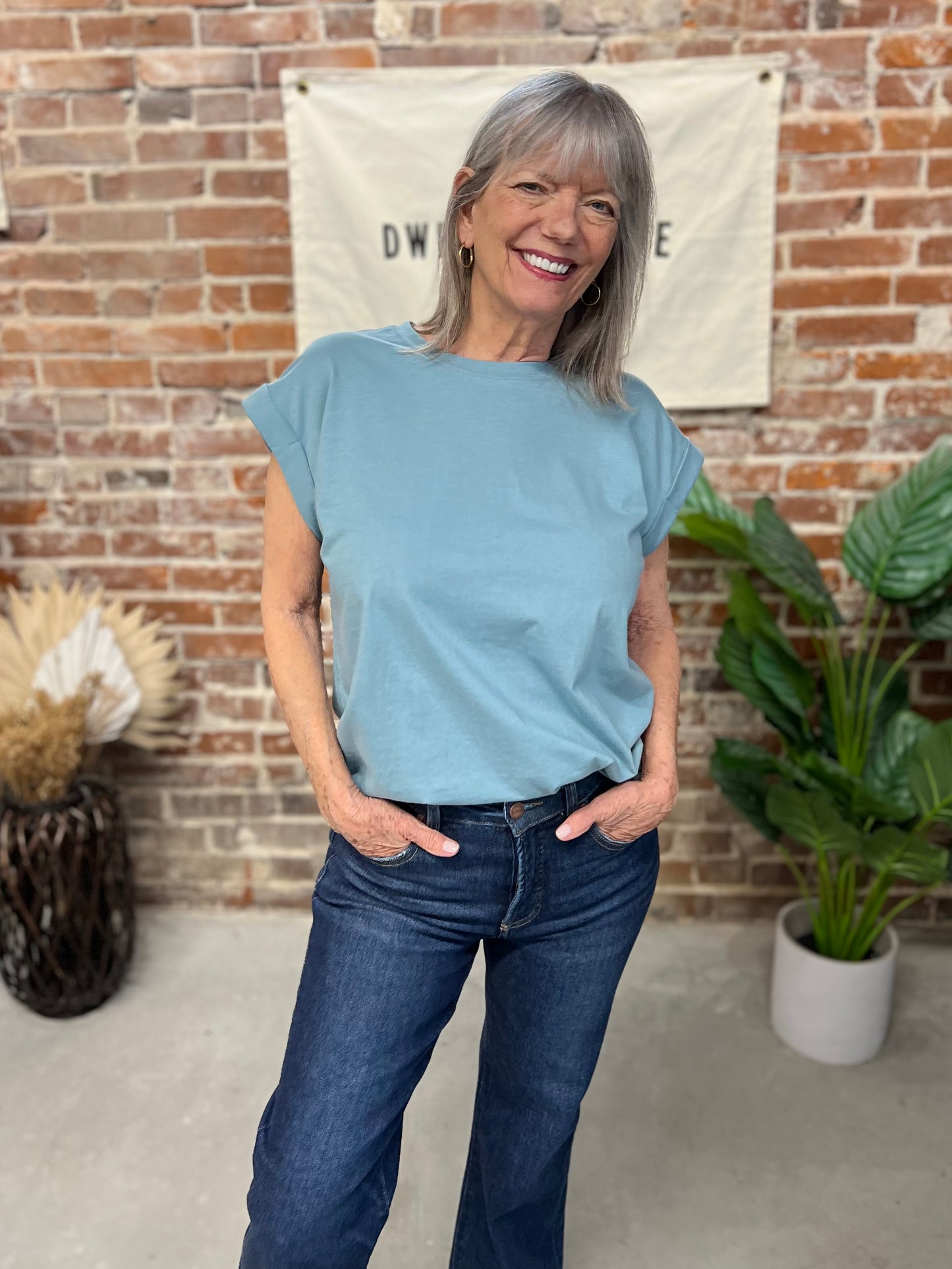 Louisa Folded Sleeve Tee - Blue Grey