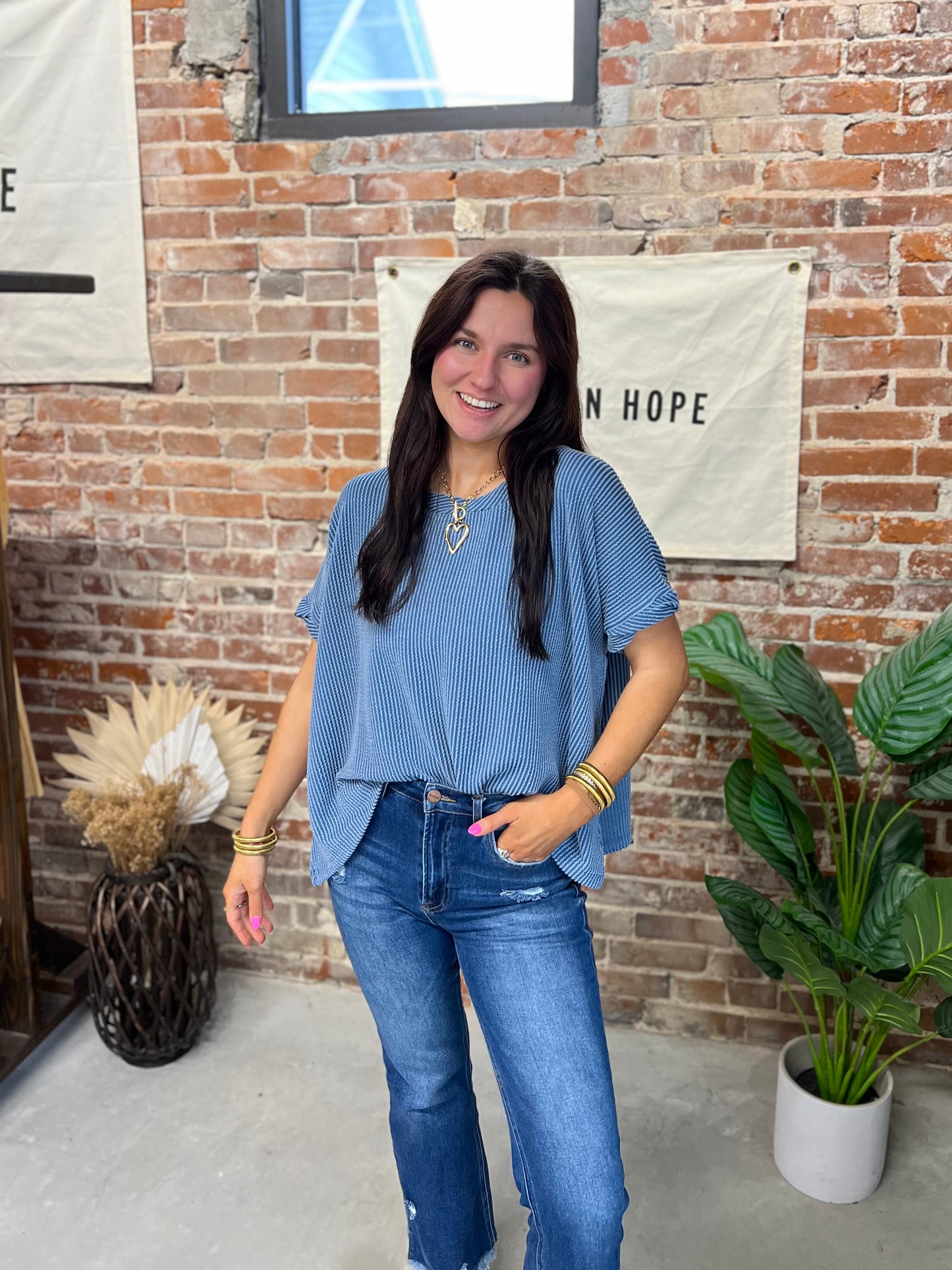 Gracie Ribbed Tee - Dusty Blue