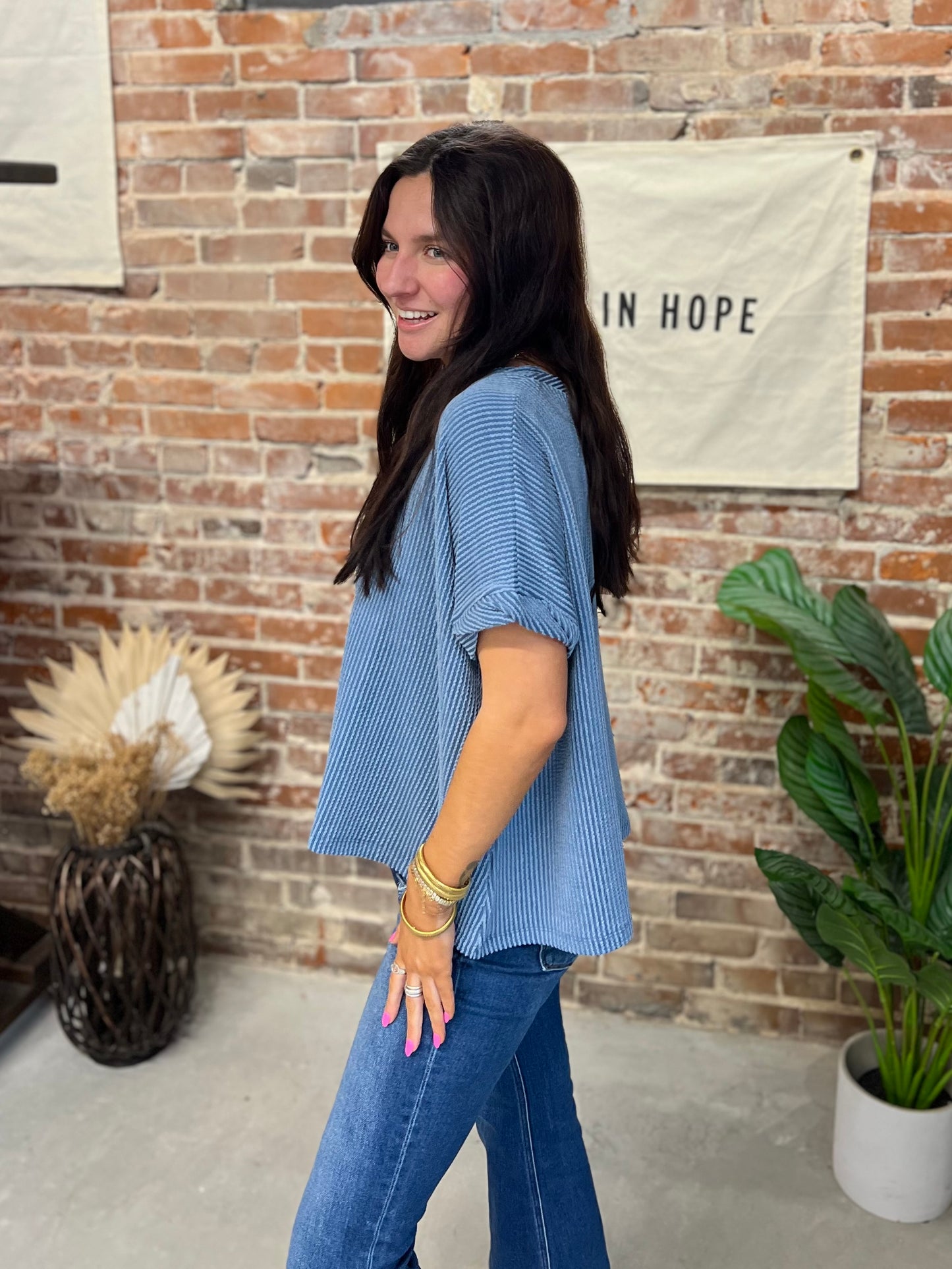 Gracie Ribbed Tee - Dusty Blue