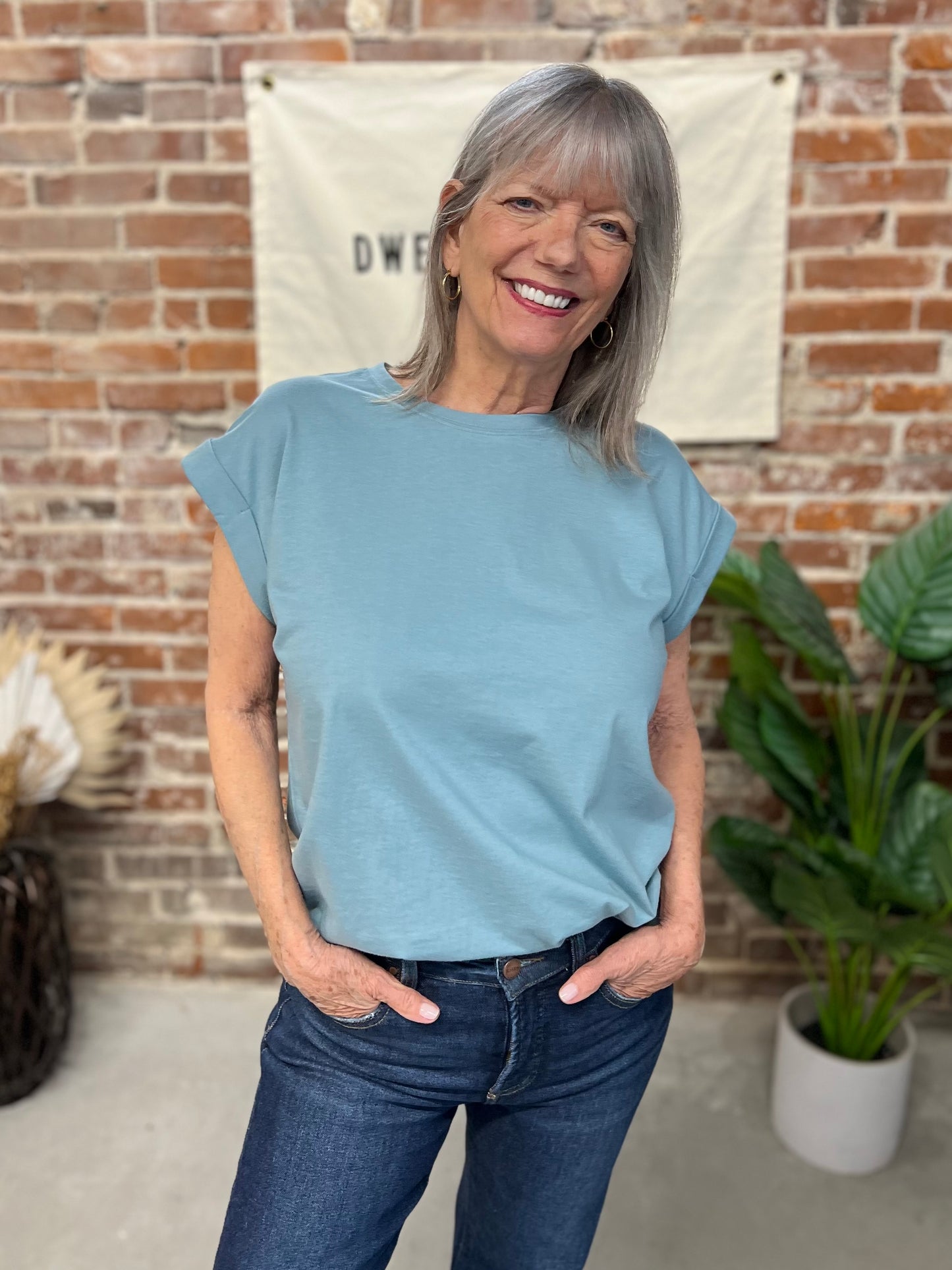 Louisa Folded Sleeve Tee - Blue Grey